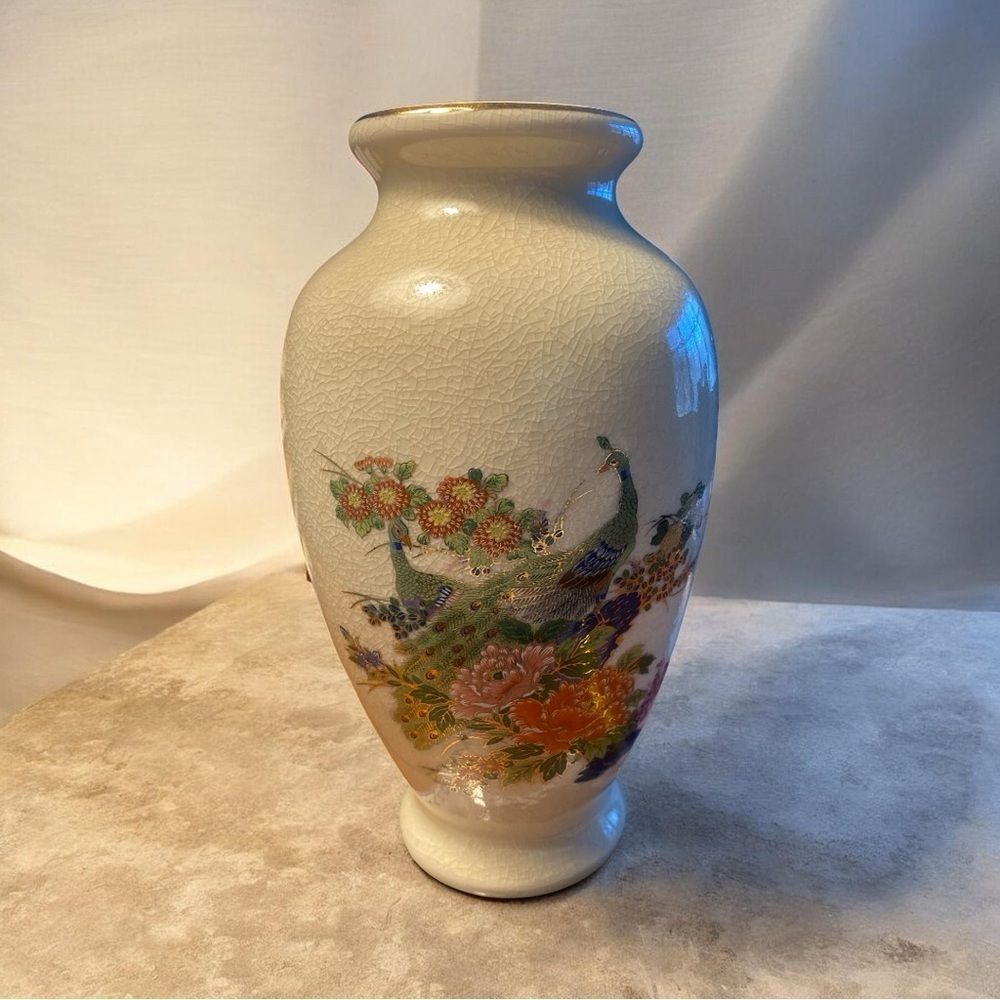 🌸 Vintage Japanese Bijutsu Toki Peacock Vase | 9”